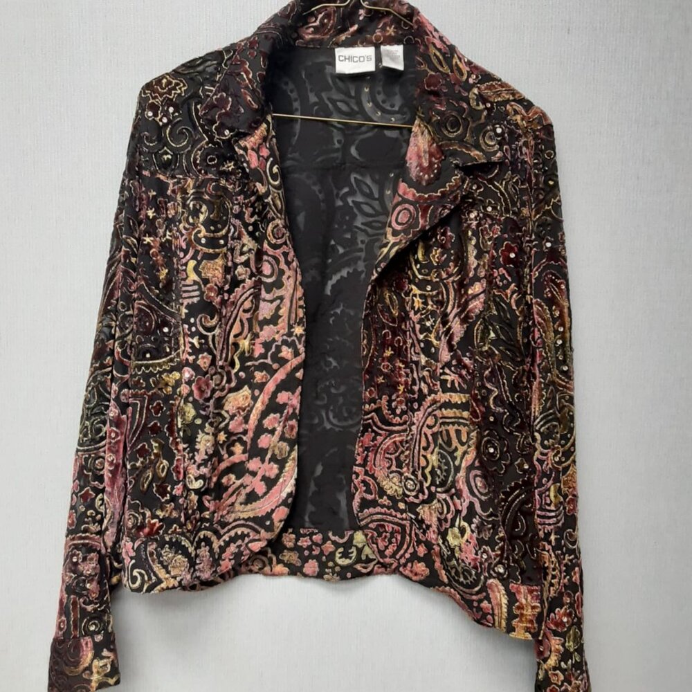 Chico's Velvet Paisley Open Jacket in Black, Pink, Gold